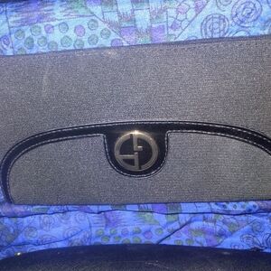 Giorgio Armani Parfums Black Satin Gold GA Logo Clutch Cosmetic Purse 9-1/2"